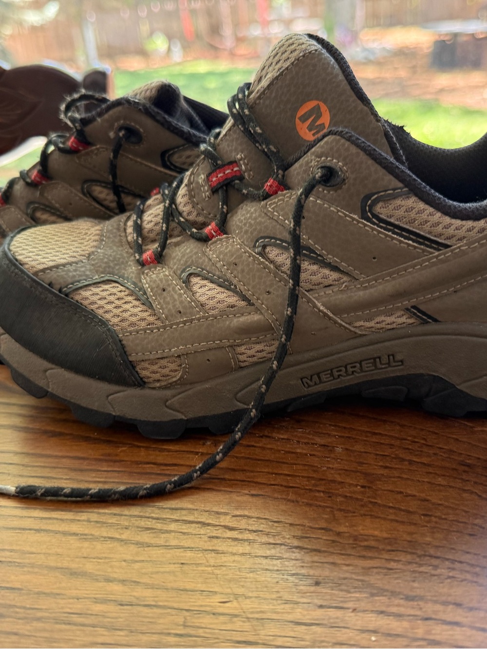 Merrell Men’s Brown and Black Trail Sneaker with Orange Accent